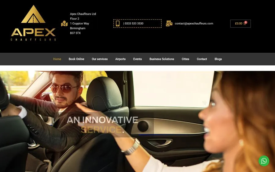 Old Apex Chauffeurs homepage with a discount popup over the hero