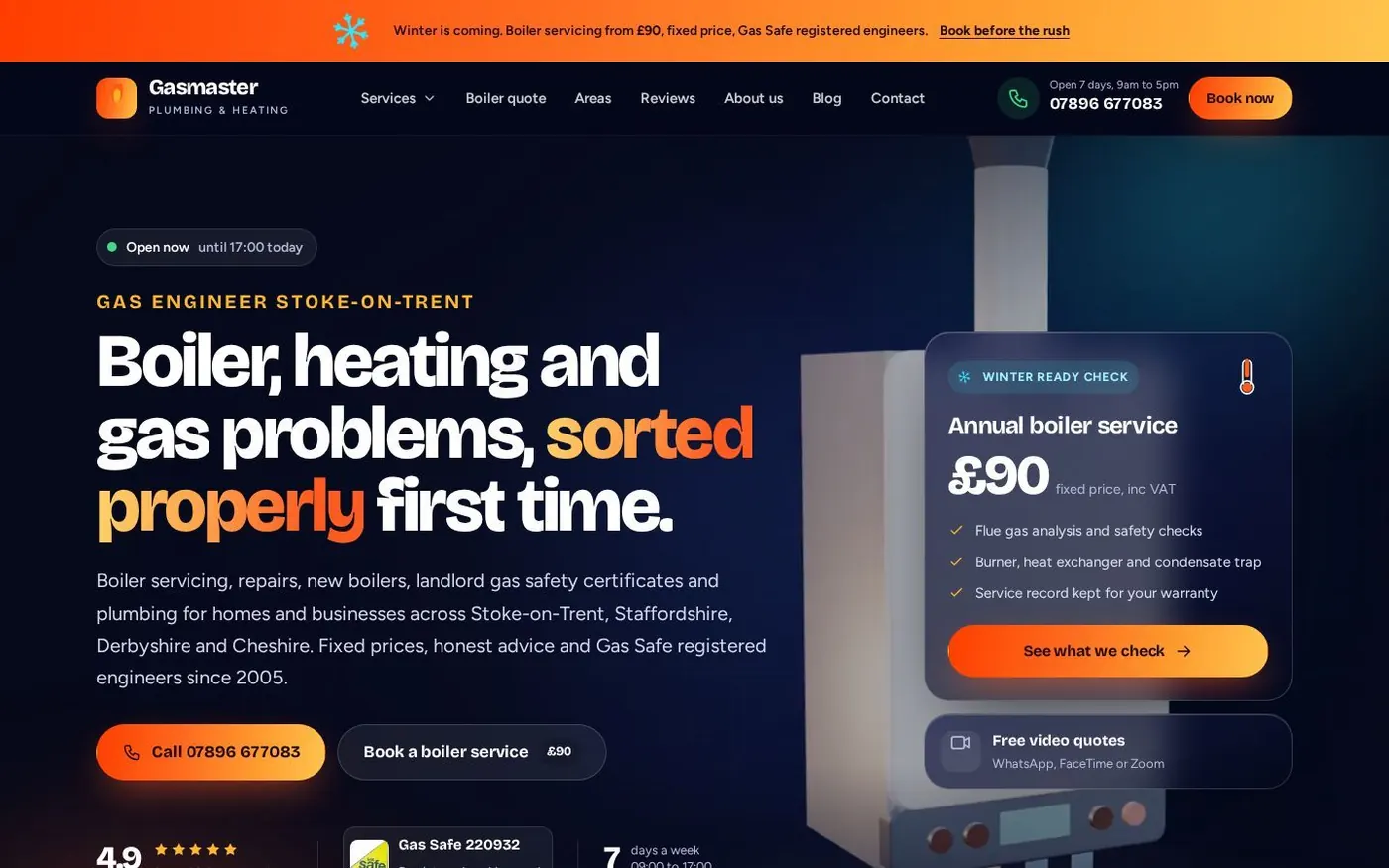 The new Gasmaster homepage: headline, the &pound;90 annual boiler service card, call and booking buttons